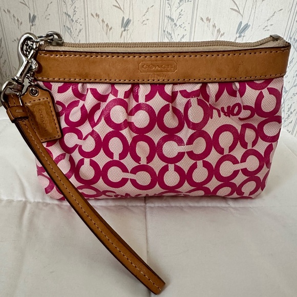 Coach Pink and Tan Signature Wristlet - Picture 1 of 9